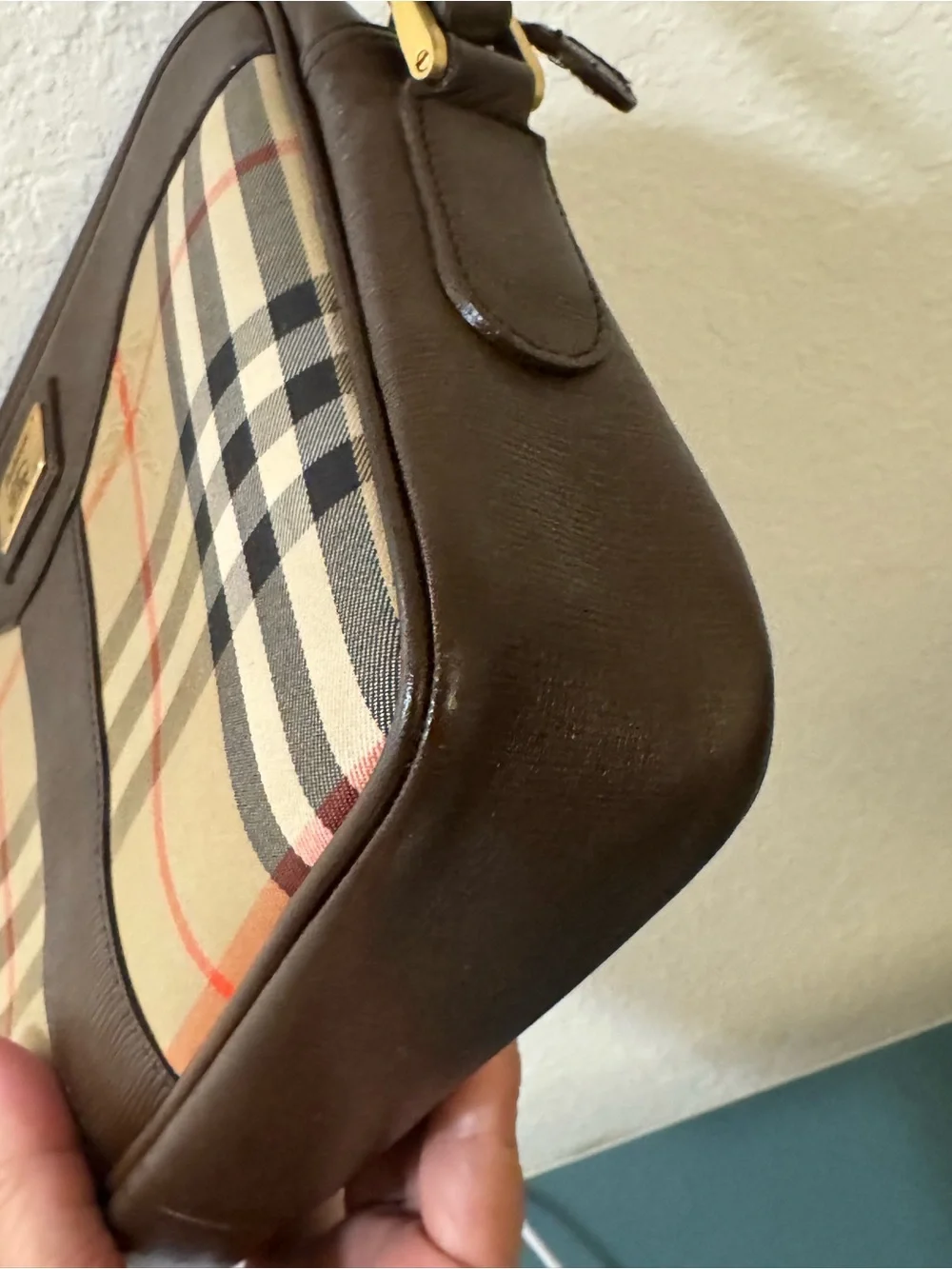Burberry Beige Nova Check Brown Leather Messenger Bag